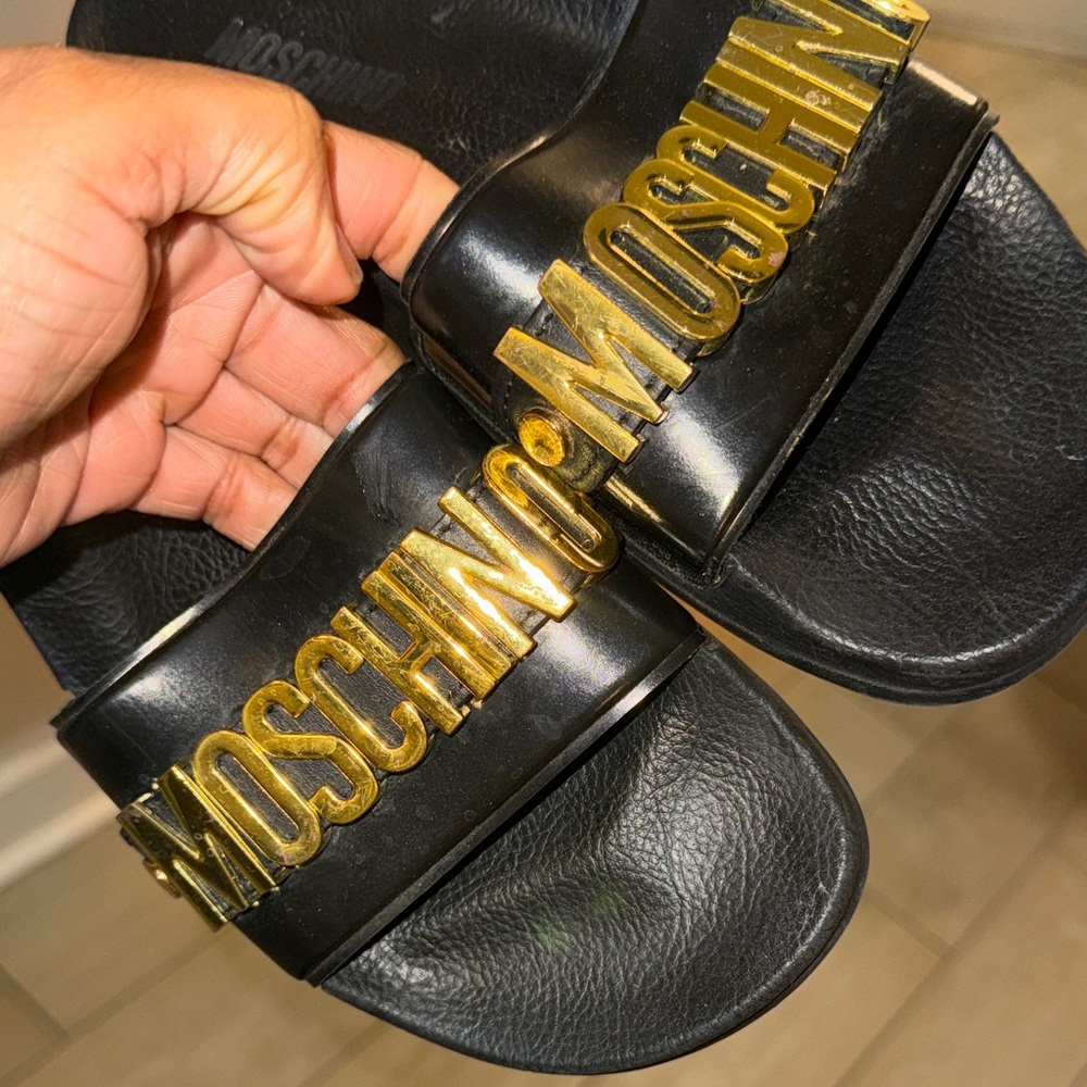 Moschino Womens Black Slides with Gold Logo
